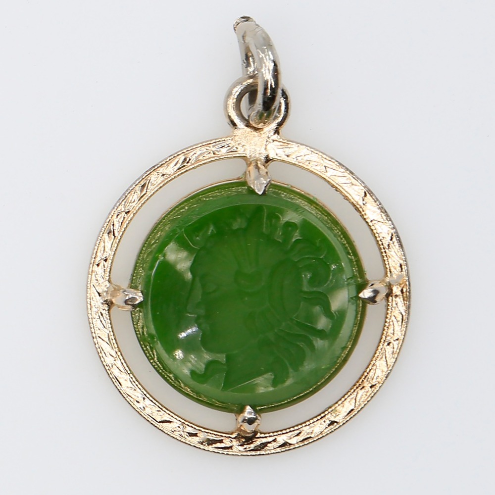Victorian Revival Green Glass Medusa Intaglio Pendant Charm Mythological 1960s